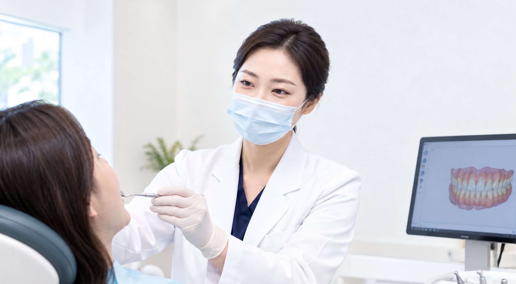 심미보철 참고 이미지 — 3D 치아 스캔 화면 앞에서 환자의 보철 상태를 살피는 치과의사