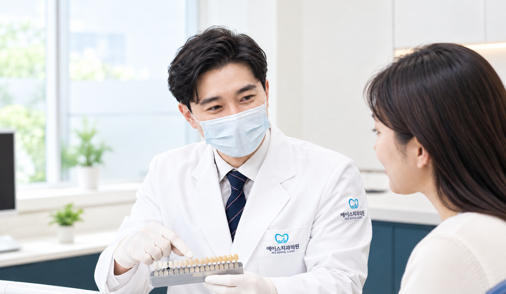치아미백 참고 이미지 — 치아 색 견본(쉐이드 가이드)을 들고 환자에게 설명하는 치과의사