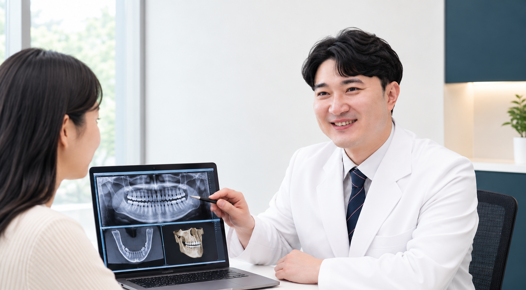 구강외과 참고 이미지 — 파노라마 방사선 사진과 3D CT 화면을 가리키며 환자에게 설명하는 치과의사