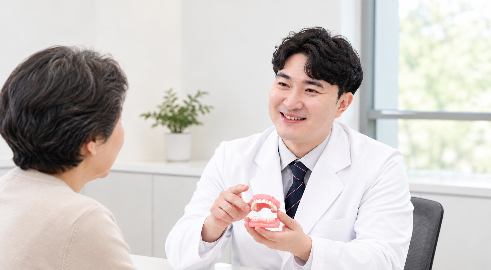 틀니 참고 이미지 — 위·아래 틀니 모형을 들고 환자에게 설명하는 치과의사